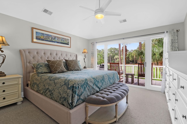 bedroom featuring ceiling fan, light colored carpet, and access to outside