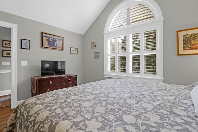 bedroom with lofted ceiling, hardwood / wood-style flooring, and multiple windows