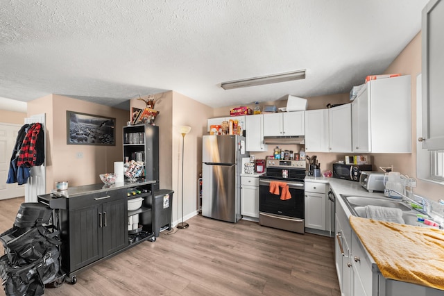 kitchen featuring stainless steel appliances, light wood-type flooring, a sink, and under cabinet range hood