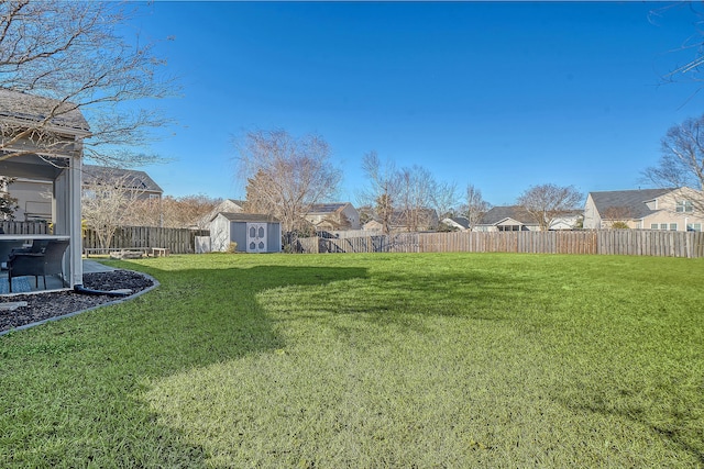 view of yard featuring a storage shed