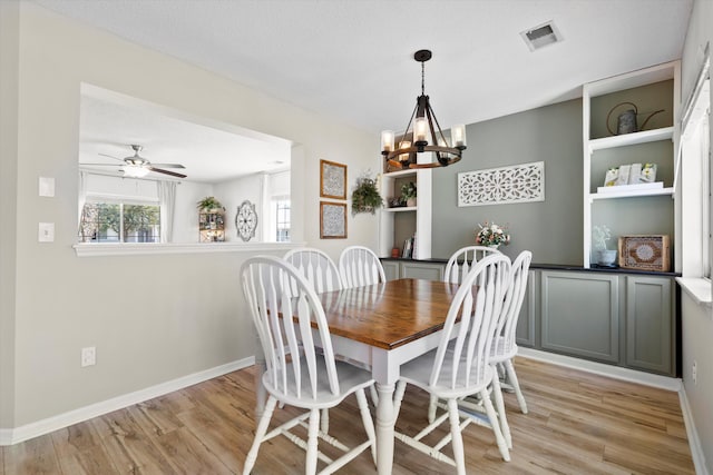 dining area featuring light wood-style floors, visible vents, and baseboards