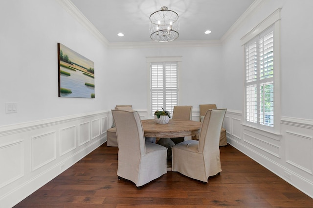 2405 Louisville St, Charleston, SC 29492 - dining space featuring a chandelier, dark wood-type flooring, ornamental molding, and a wainscoted wall