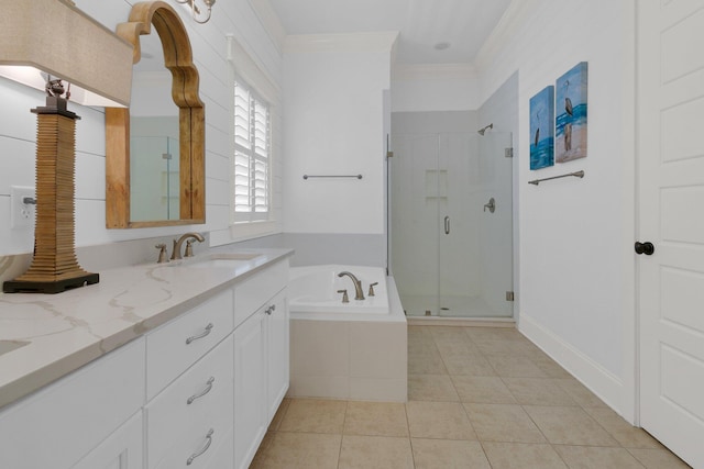 2405 Louisville St, Charleston, SC 29492 - full bathroom featuring vanity, ornamental molding, tile patterned flooring, a shower stall, and a bath
