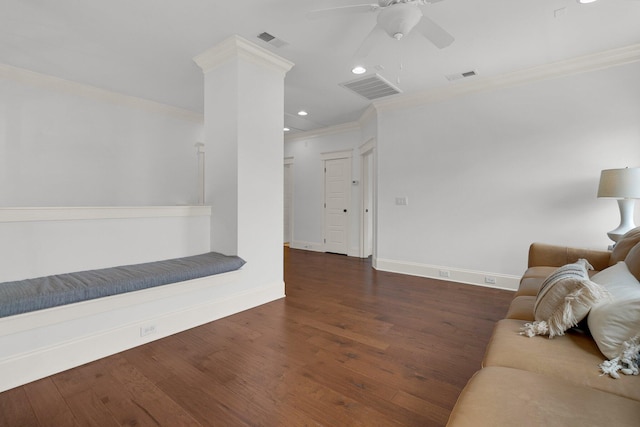 2405 Louisville St, Charleston, SC 29492 - living room featuring visible vents, baseboards, crown molding, and ceiling fan