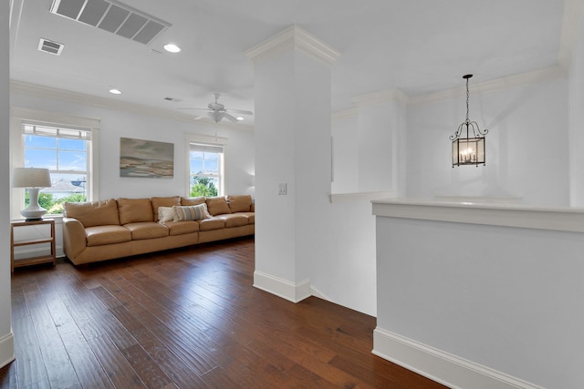 2405 Louisville St, Charleston, SC 29492 - living area featuring recessed lighting, visible vents, ceiling fan with notable chandelier, and dark wood-style floors
