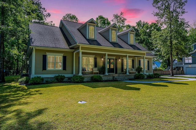 cape cod home featuring roof with shingles, a porch, and a front lawn