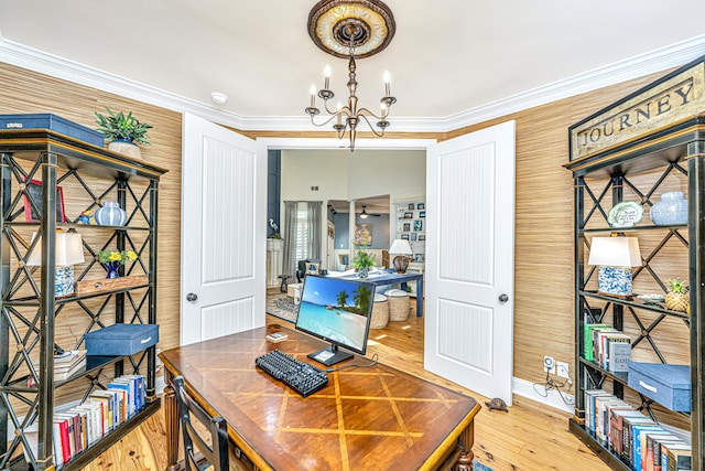 office area featuring crown molding, wood finished floors, and a notable chandelier