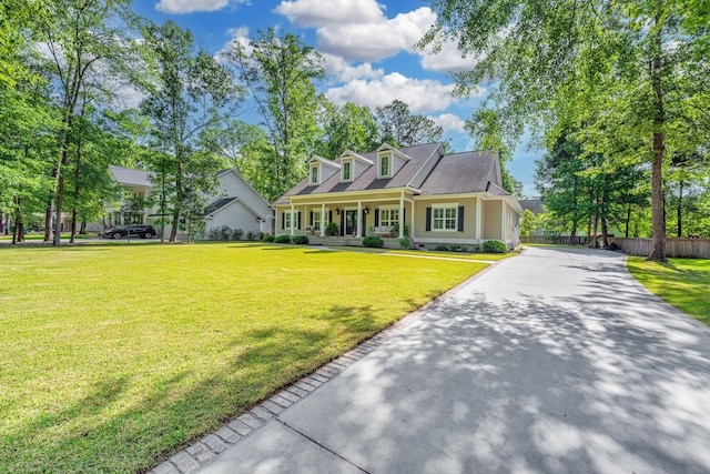 new england style home featuring fence, a porch, a front lawn, and aphalt driveway
