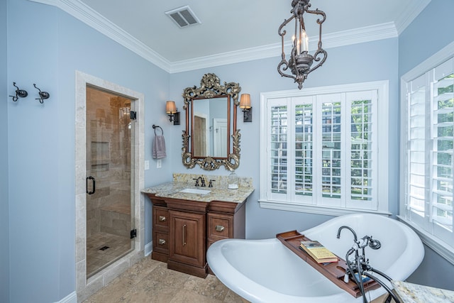 full bathroom with crown molding, visible vents, a shower stall, and a healthy amount of sunlight