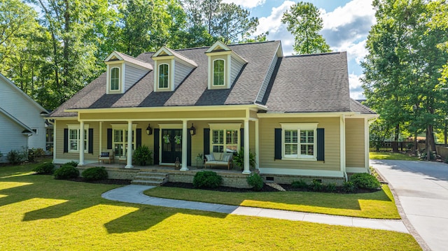 new england style home featuring roof with shingles, covered porch, and a front yard