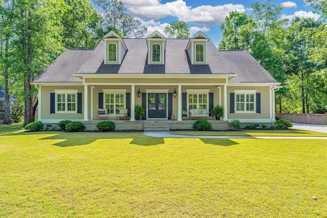 cape cod-style house featuring a porch, a front lawn, roof with shingles, and crawl space