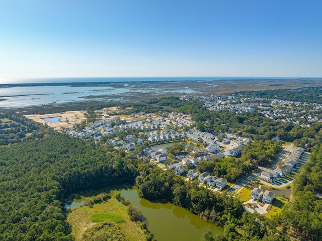 drone / aerial view featuring a water view