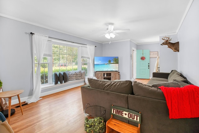 113 Overhill Dr, Walterboro, SC 29488 - living room featuring ornamental molding, wood finished floors, a ceiling fan, and baseboards