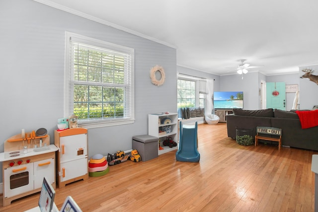 113 Overhill Dr, Walterboro, SC 29488 - living area with crown molding, hardwood / wood-style floors, and a ceiling fan