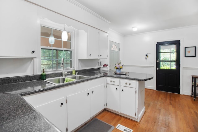 113 Overhill Dr, Walterboro, SC 29488 - kitchen with a sink, ornamental molding, white cabinets, healthy amount of natural light, and light wood finished floors