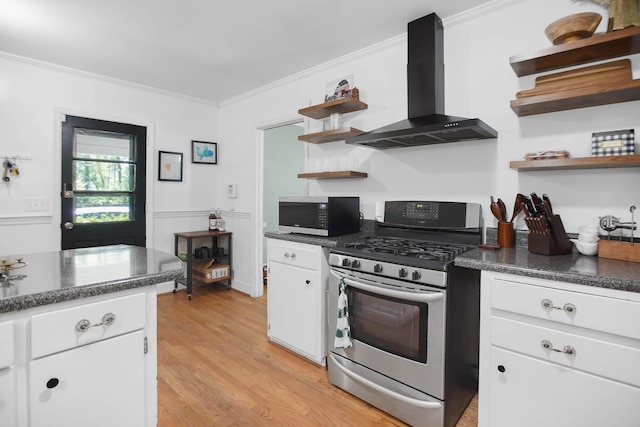 113 Overhill Dr, Walterboro, SC 29488 - kitchen featuring open shelves, stainless steel gas range oven, extractor fan, ornamental molding, and dark countertops