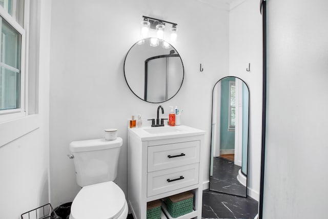 113 Overhill Dr, Walterboro, SC 29488 - bathroom with vanity, toilet, baseboards, and marble finish flooring
