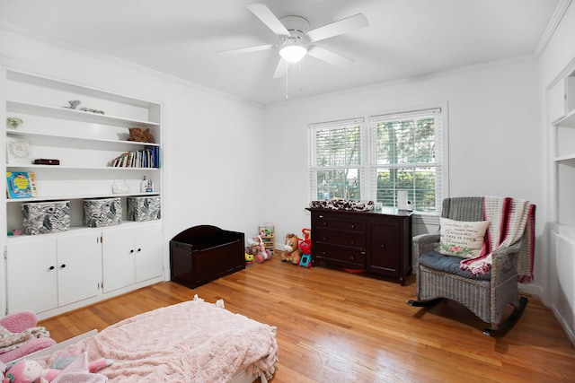 113 Overhill Dr, Walterboro, SC 29488 - living area featuring ornamental molding, light wood-style flooring, a ceiling fan, and built in shelves
