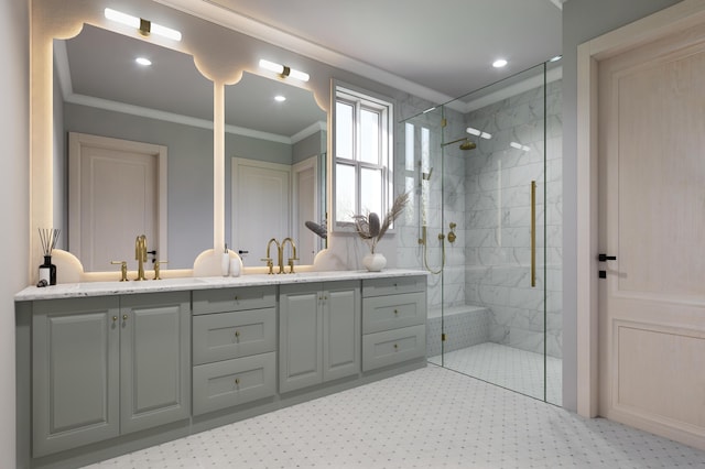 814 Palm Blvd, Isle Of Palms, SC 29451 - bathroom with double vanity, a shower stall, crown molding, and recessed lighting