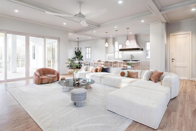 814 Palm Blvd, Isle Of Palms, SC 29451 - living room featuring a ceiling fan, light wood-style flooring, beam ceiling, crown molding, and recessed lighting