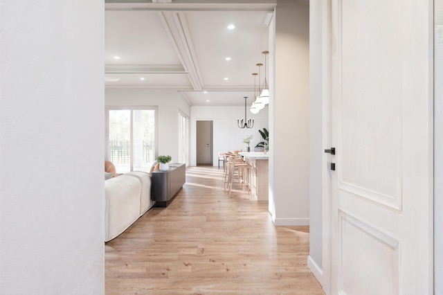 814 Palm Blvd, Isle Of Palms, SC 29451 - corridor featuring light wood-type flooring, recessed lighting, crown molding, baseboards, and beamed ceiling