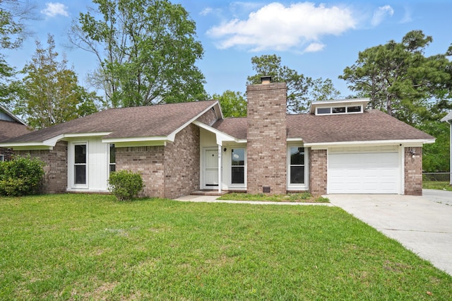 106 Ruffin Rd, Summerville, SC 29486 - view of front of property with concrete driveway, a chimney, a front yard, brick siding, and a garage