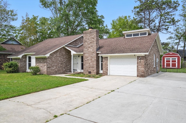 106 Ruffin Rd, Summerville, SC 29486 - mid-century modern home with a garage, roof with shingles, a front yard, a chimney, and driveway