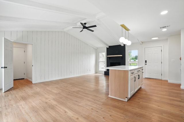 106 Ruffin Rd, Summerville, SC 29486 - kitchen featuring open floor plan, light wood-style flooring, a ceiling fan, and a fireplace