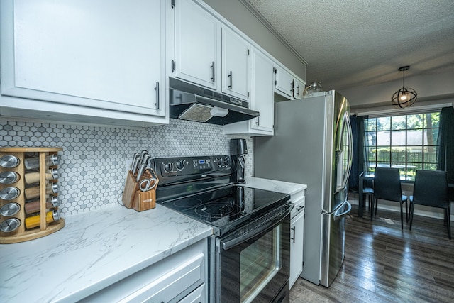 kitchen with black electric range, decorative backsplash, dark hardwood / wood-style flooring, and white cabinets