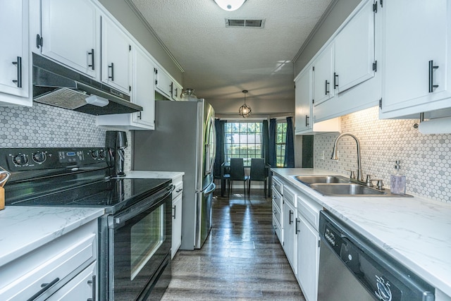 kitchen featuring white cabinetry, electric range, sink, dishwasher, and dark wood-type flooring