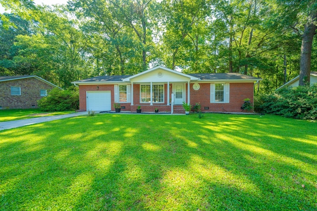 ranch-style house with a front yard, a porch, and a garage