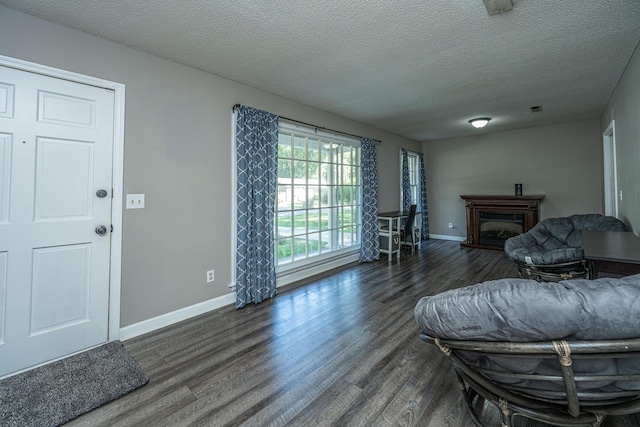 living room with dark hardwood / wood-style flooring and a textured ceiling