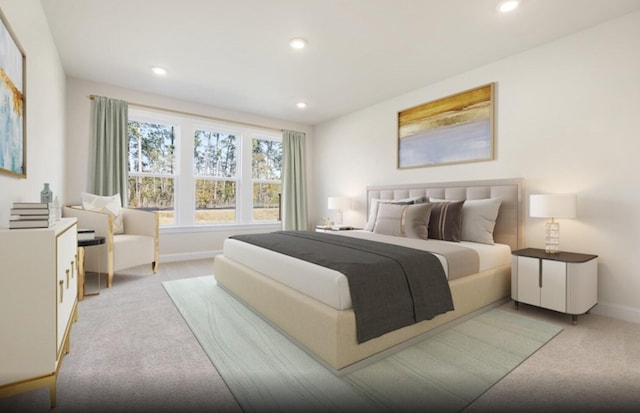 bedroom featuring light colored carpet