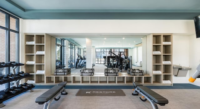 gym featuring carpet and ornate columns