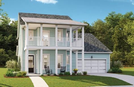 view of front of house with covered porch, a balcony, a front lawn, and a garage