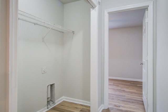 laundry area featuring electric dryer hookup and light hardwood / wood-style flooring