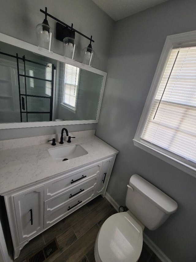 bathroom with toilet, vanity, a wealth of natural light, and wood finished floors