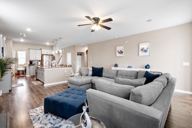 413 Ribiero Dr, Summerville, SC 29486 - living area featuring ceiling fan, visible vents, and dark wood finished floors