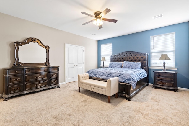 413 Ribiero Dr, Summerville, SC 29486 - bedroom featuring a ceiling fan, a closet, visible vents, baseboards, and light carpet