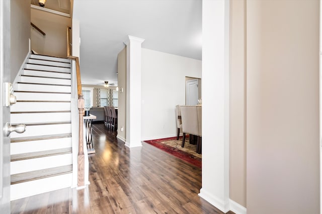 413 Ribiero Dr, Summerville, SC 29486 - foyer entrance featuring baseboards, stairway, a ceiling fan, and wood finished floors