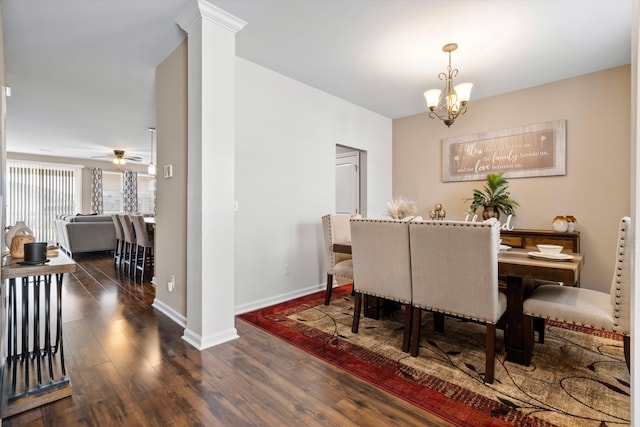 413 Ribiero Dr, Summerville, SC 29486 - dining area with baseboards, wood finished floors, and ceiling fan with notable chandelier