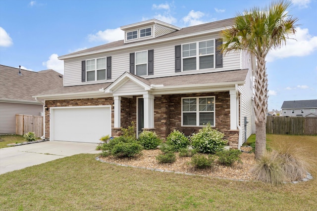 413 Ribiero Dr, Summerville, SC 29486 - view of front facade with fence, a front lawn, stone siding, and concrete driveway