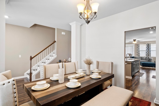 413 Ribiero Dr, Summerville, SC 29486 - dining space featuring stairway, dark wood-type flooring, and a ceiling fan