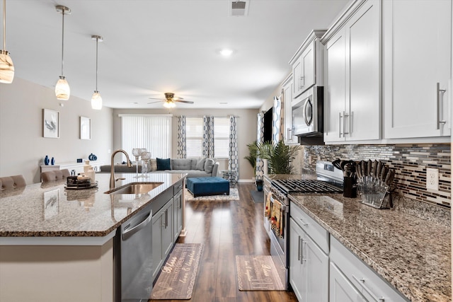 413 Ribiero Dr, Summerville, SC 29486 - kitchen featuring a sink, stainless steel appliances, dark wood finished floors, ceiling fan, and open floor plan