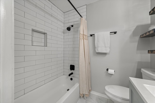 bathroom with shower / bathtub combination with curtain, toilet, marble finish floor, baseboards, and vanity