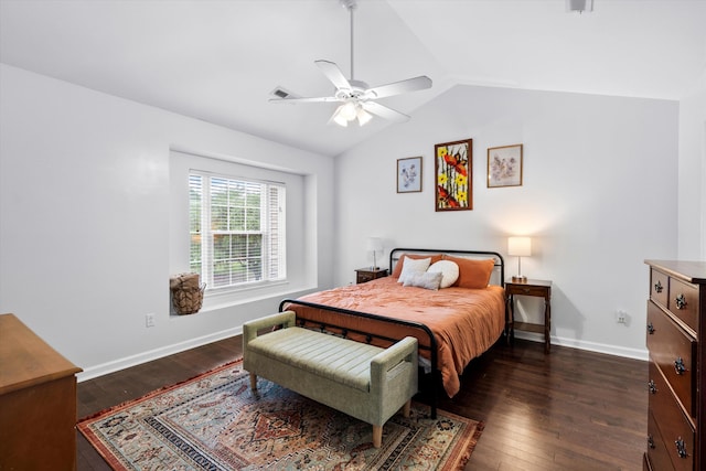 8676 Grassy Oak Trl, North Charleston, SC 29420 - bedroom with vaulted ceiling, dark wood-style floors, baseboards, and a ceiling fan