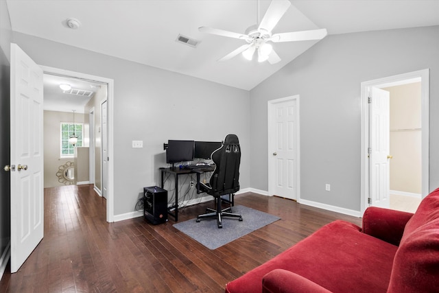 8676 Grassy Oak Trl, North Charleston, SC 29420 - office space featuring a ceiling fan, hardwood / wood-style flooring, vaulted ceiling, and baseboards