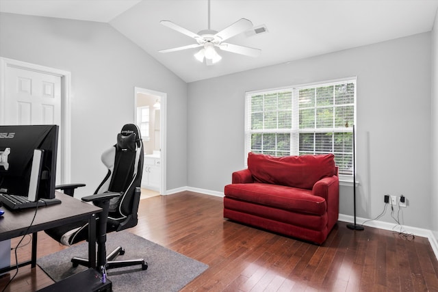 8676 Grassy Oak Trl, North Charleston, SC 29420 - office featuring wood-type flooring, ceiling fan, lofted ceiling, and baseboards