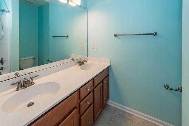 bathroom featuring tile patterned flooring, vanity, and toilet