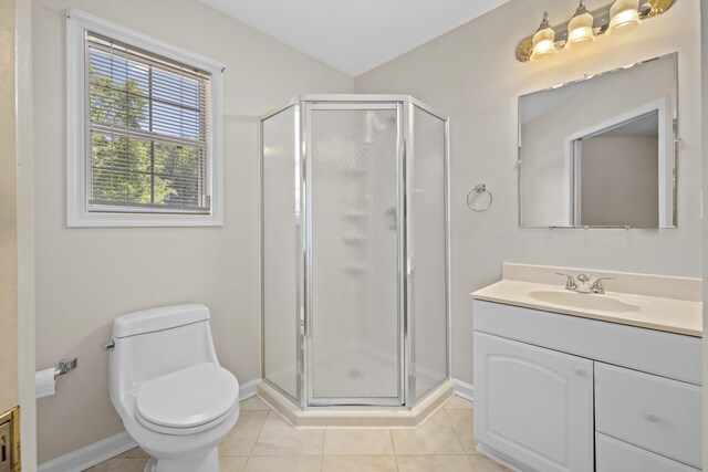 bathroom with baseboards, tile patterned floors, a shower stall, and vanity